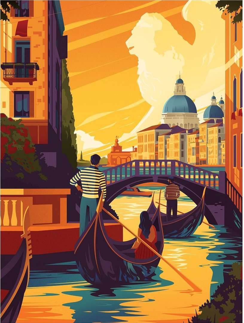 Illustration of Venice, Italy featuring gondolas, bridges, and buildings with architectural domes against a yellow-orange sky.