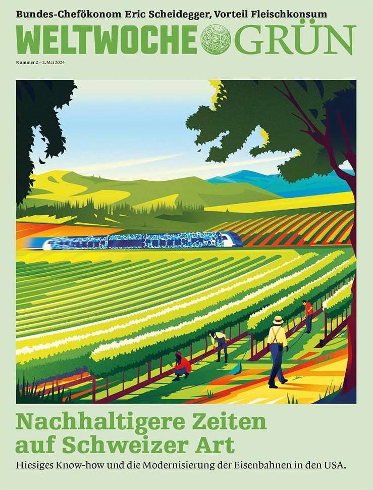 Illustrated magazine cover featuring agricultural workers, train, and fields under a bright sky, promoting sustainable times in Switzerland.