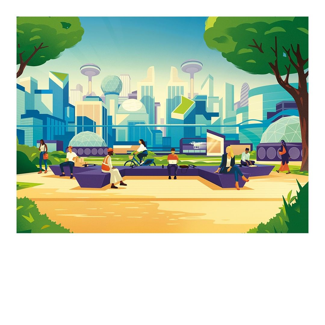 People in a futuristic city park sit on benches near modern buildings, trees, and art installations on a sunny day with a bright blue sky.