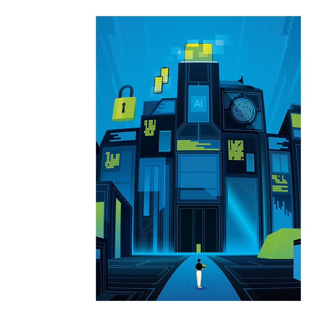 Illustration depicting a person walking towards a futuristic, data-themed building with digital security and technology symbols.