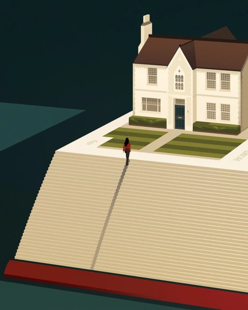 Illustration of a woman walking up a staircase resembling a book towards a house, set against a dark background with flat lighting.
