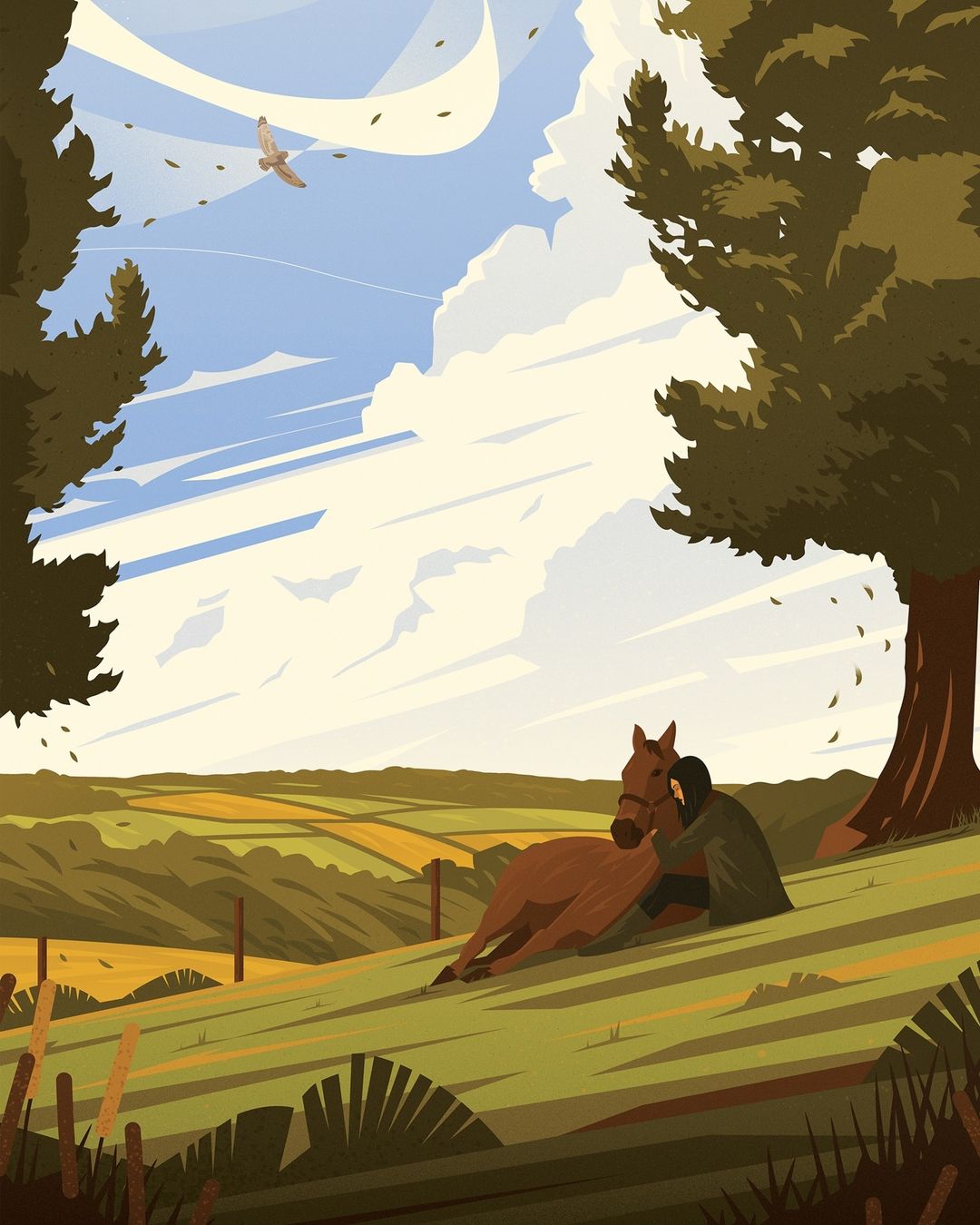 Illustration of a person embracing a horse in a rural landscape under a bright sky with a flying bird and trees in the foreground.