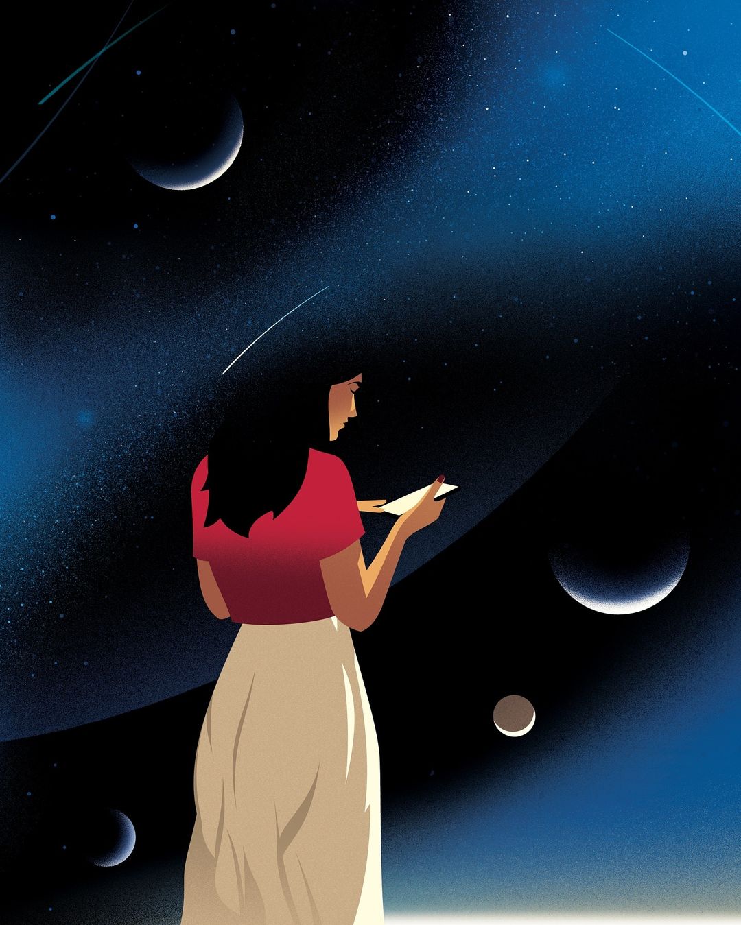 Illustration of a woman standing in a starry night sky holding a glowing object, with moon-like orbs and shooting stars.