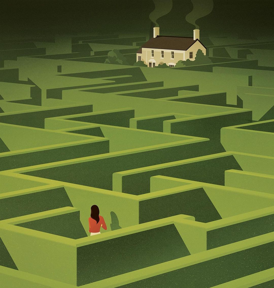 Illustration of a woman standing in a green maze, with a house visible in the distance, conveying a sense of challenge and mystery.