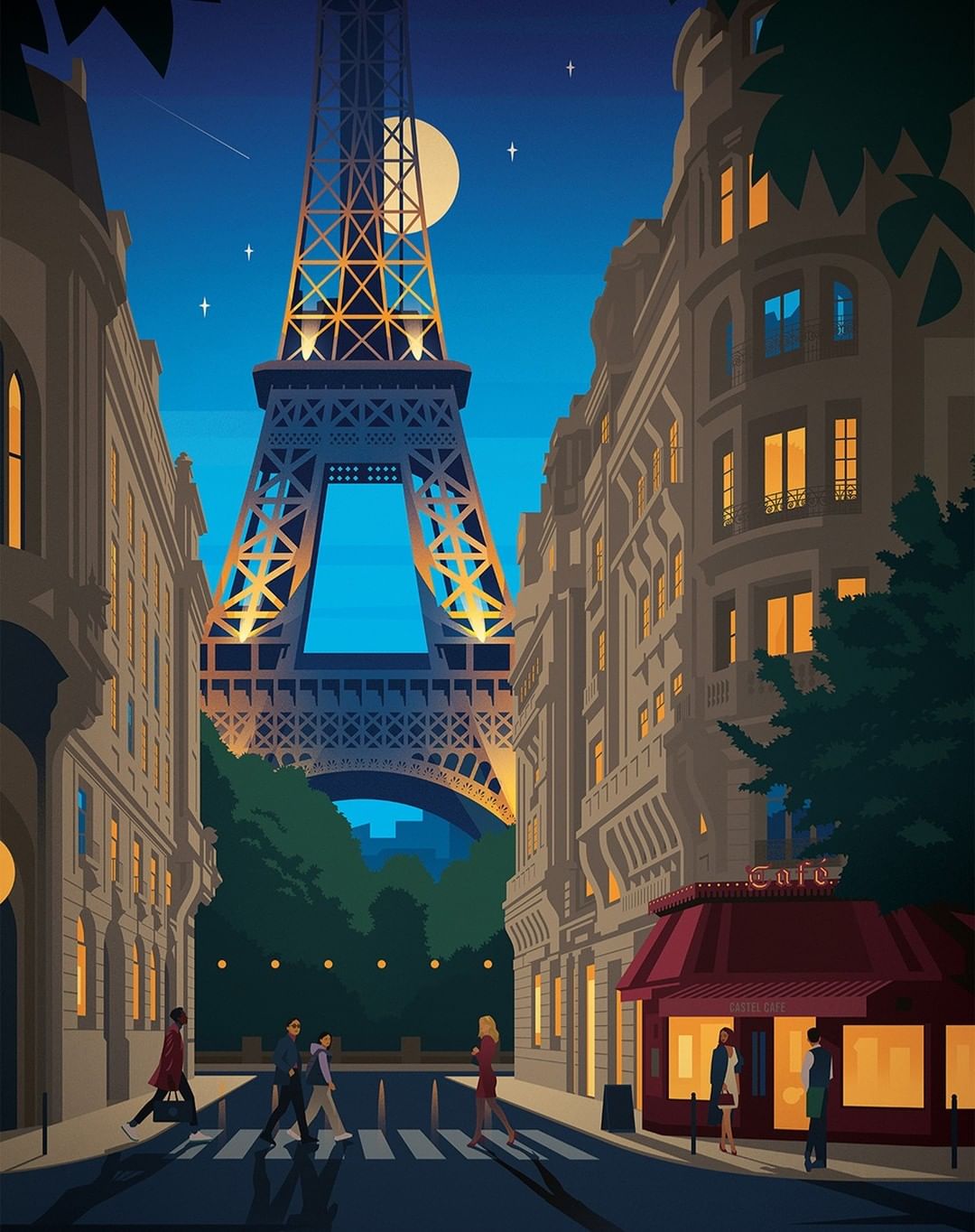 Illustration of the Eiffel Tower in Paris at night, with people walking across a crosswalk in the foreground and a cafe on the right.