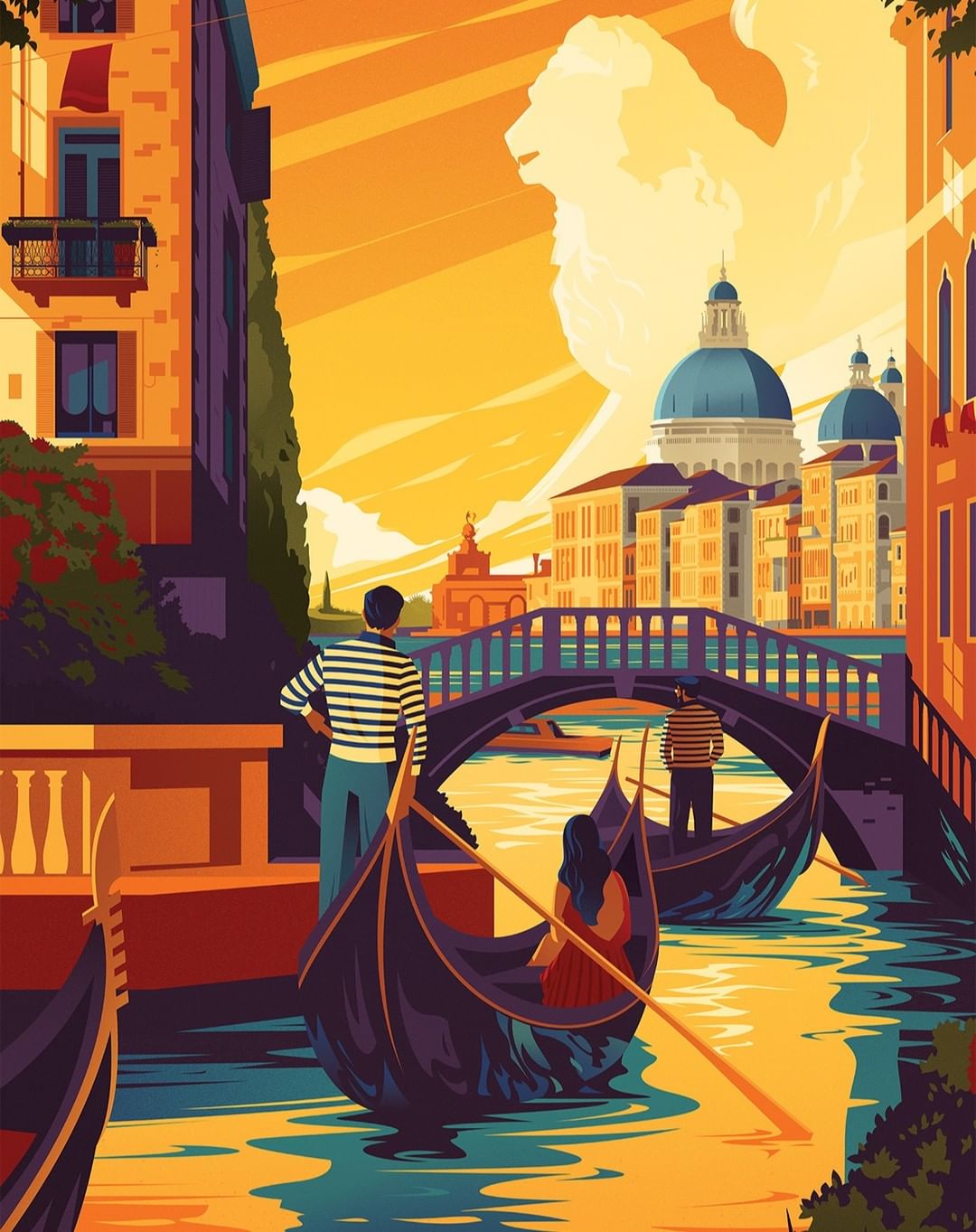 Digital painting of Venice canal scene, featuring gondolas, bridge, and distant buildings under a golden sky with lion-shaped clouds.