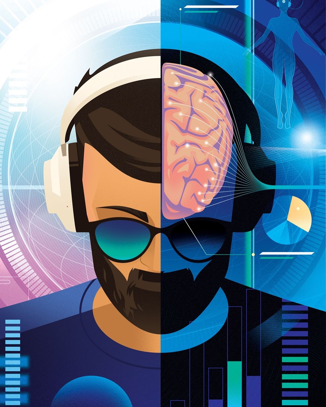 Illustration features a man wearing headphones and glasses, split with a brain graphic and data visualizations in blues and pinks.