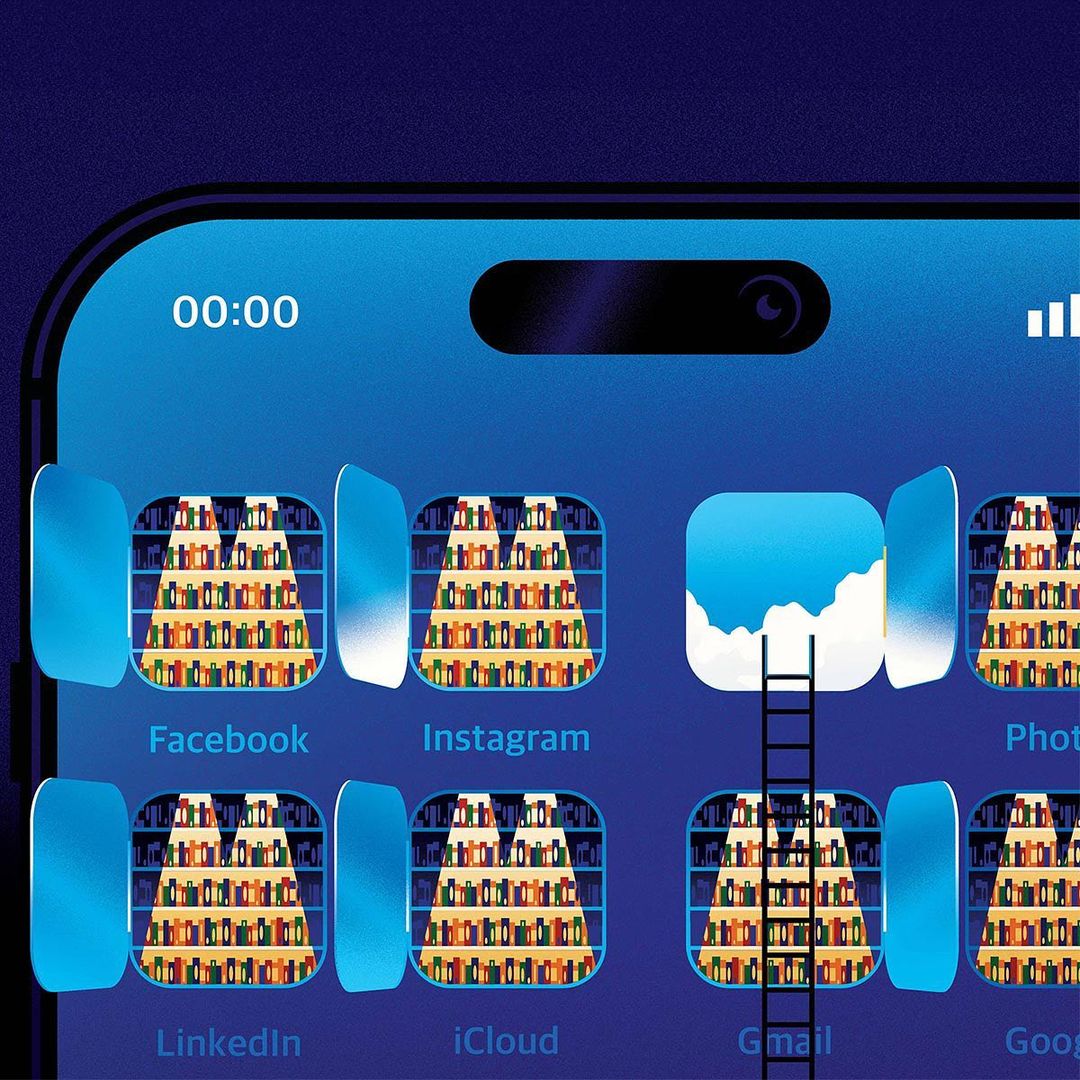 Smartphone home screen displaying multiple social media app icons, including Facebook, Instagram, and Gmail, shown with unique bookshelf design.