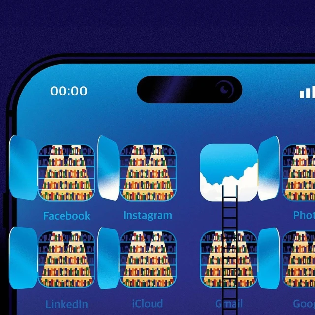 Smartphone home screen displaying multiple social media app icons, including Facebook, Instagram, and Gmail, shown with unique bookshelf design.