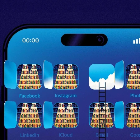 Smartphone home screen displaying multiple social media app icons, including Facebook, Instagram, and Gmail, shown with unique bookshelf design.