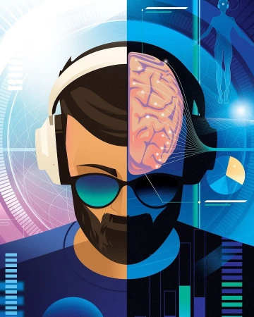 Digital illustration of half of a man with headphones and sunglasses, and half of a human brain and data visualizations.