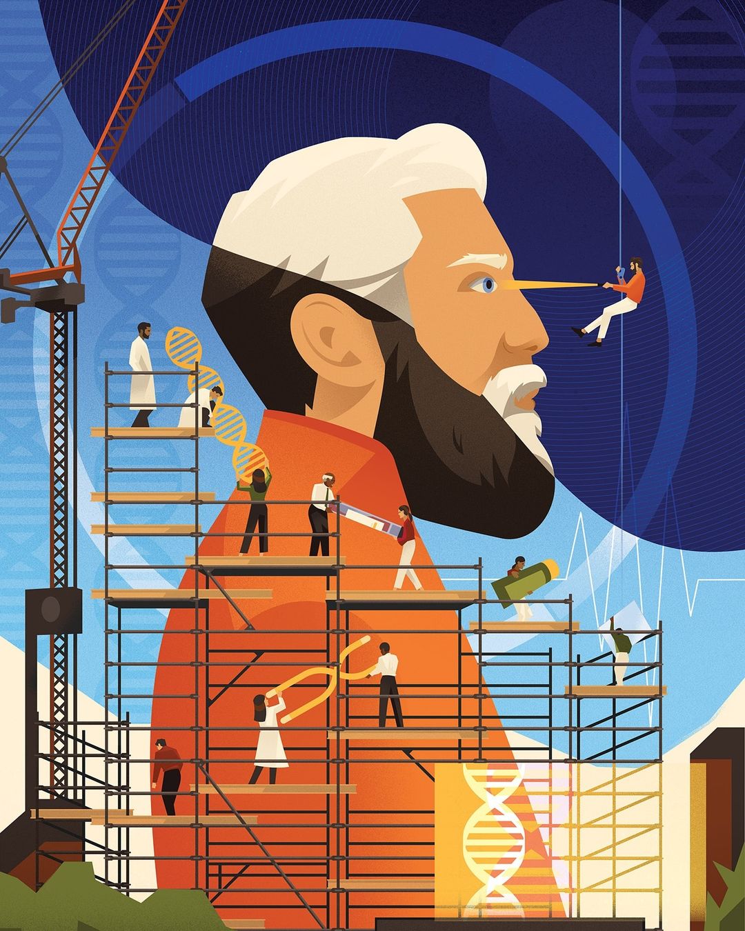 Illustration of a giant man with workers on scaffolding constructing a DNA double helix, set against a blue patterned background.
