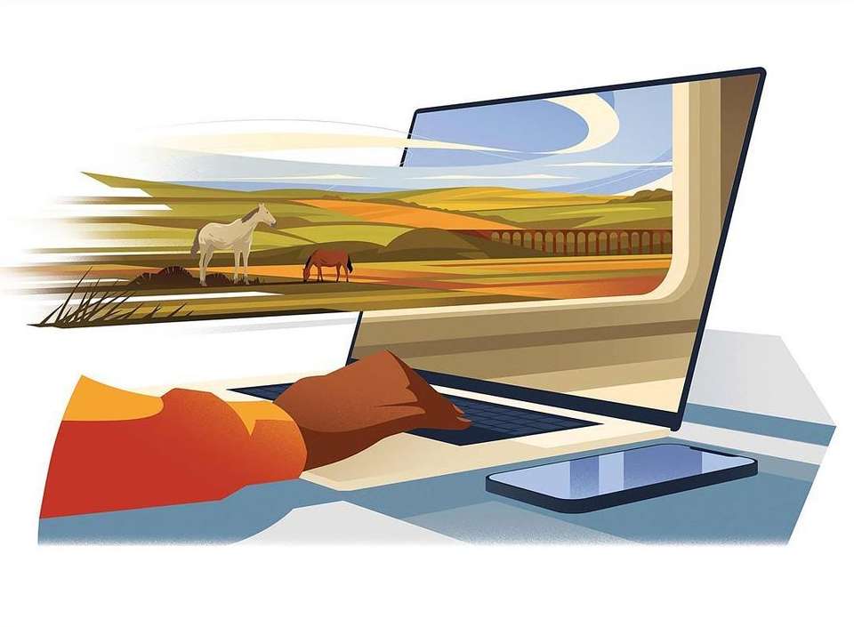 Illustration of a person using a laptop with horses in a field visible on the screen, accompanied by a smartphone on the table.