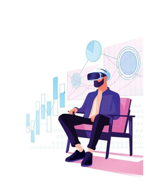 Illustration of a man wearing a VR headset sitting in a chair, surrounded by financial charts and graphs on a clean white background.