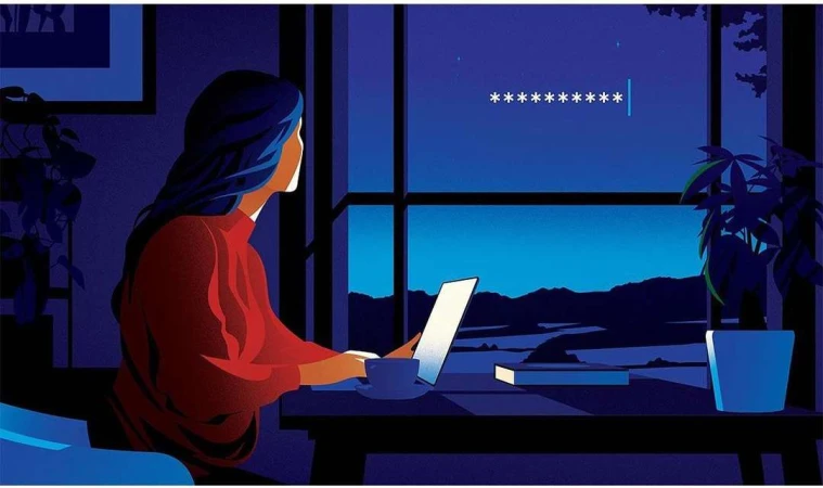 Digital illustration by Tom Peake of a woman working on a laptop at night with masked password text floating in the window view.