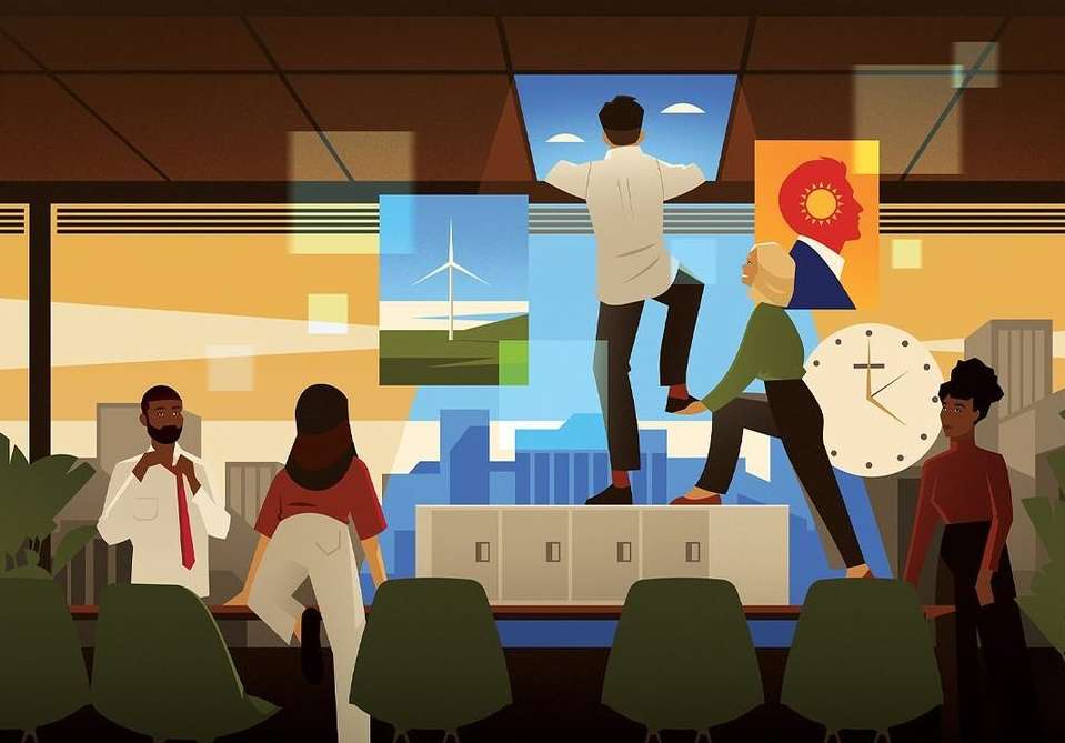 Illustration of six business people collaborating in a modern office with city skyline and abstract energy and career growth visuals.