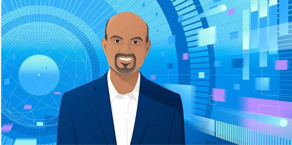 Illustration of a man in a suit against a high-tech blue background with geometric shapes and data visualizations, creating a futuristic design.