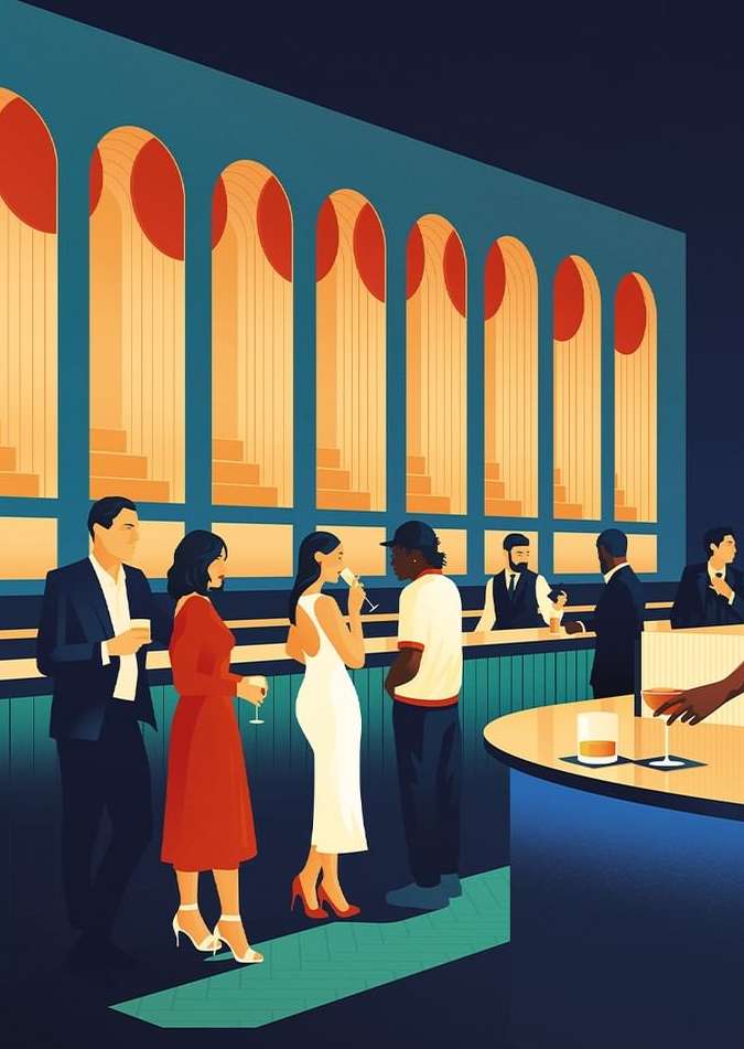 Stylized illustration of people socializing and drinking at a bar with a curved countertop and arched windows in the background.
