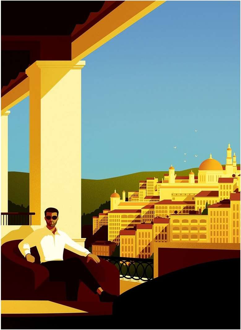 Illustration of a man sitting on a chair overlooking a cityscape with domed buildings, set against a clear blue sky and green hills.
