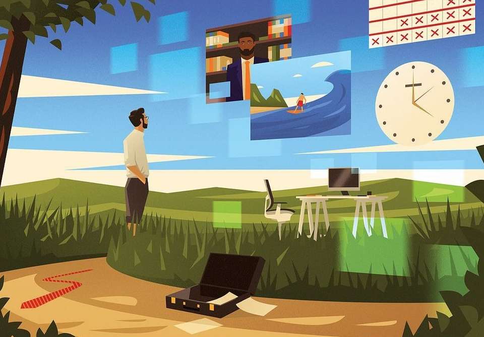 Illustration of a man standing near an open briefcase in a field with floating screens displaying work-related items like calendars and coworkers.