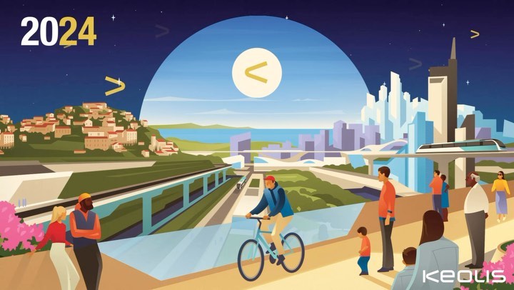 Futuristic cityscape illustration featuring people, a cyclist, trains, buildings, and the year 2024.