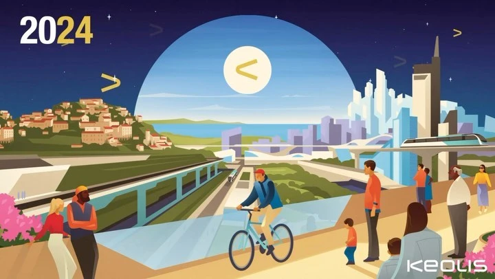 Futuristic cityscape illustration featuring people, a cyclist, trains, buildings, and the year 2024.