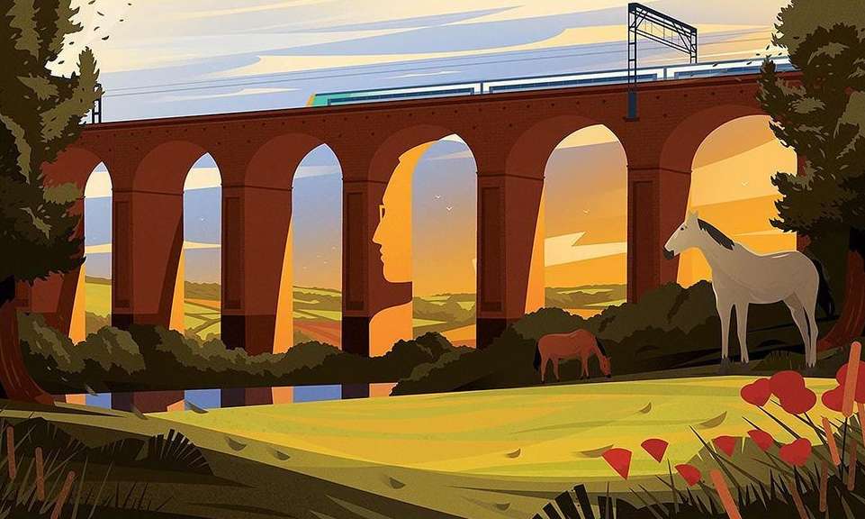 Stylized vector art of a viaduct with a train, silhouetted face, horses grazing, and a field with red flowers under a bright sky.