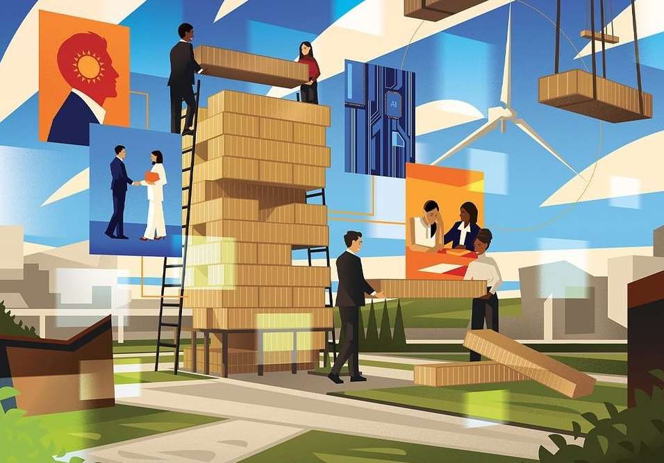 Illustration depicting a diverse team building a structure of wooden blocks in an outdoor urban setting, symbolizing collaboration.