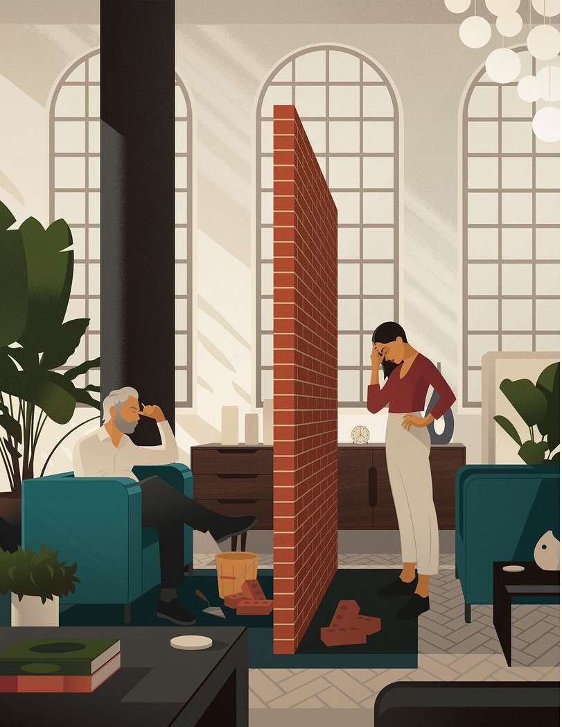 Stylized illustration of a man and woman divided by a brick wall in a brightly lit interior with modern furniture and large windows.