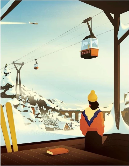 Illustration of a woman looking at a snowy mountain landscape with gondola lifts, skis, a cabin, and a distant train on a bridge.