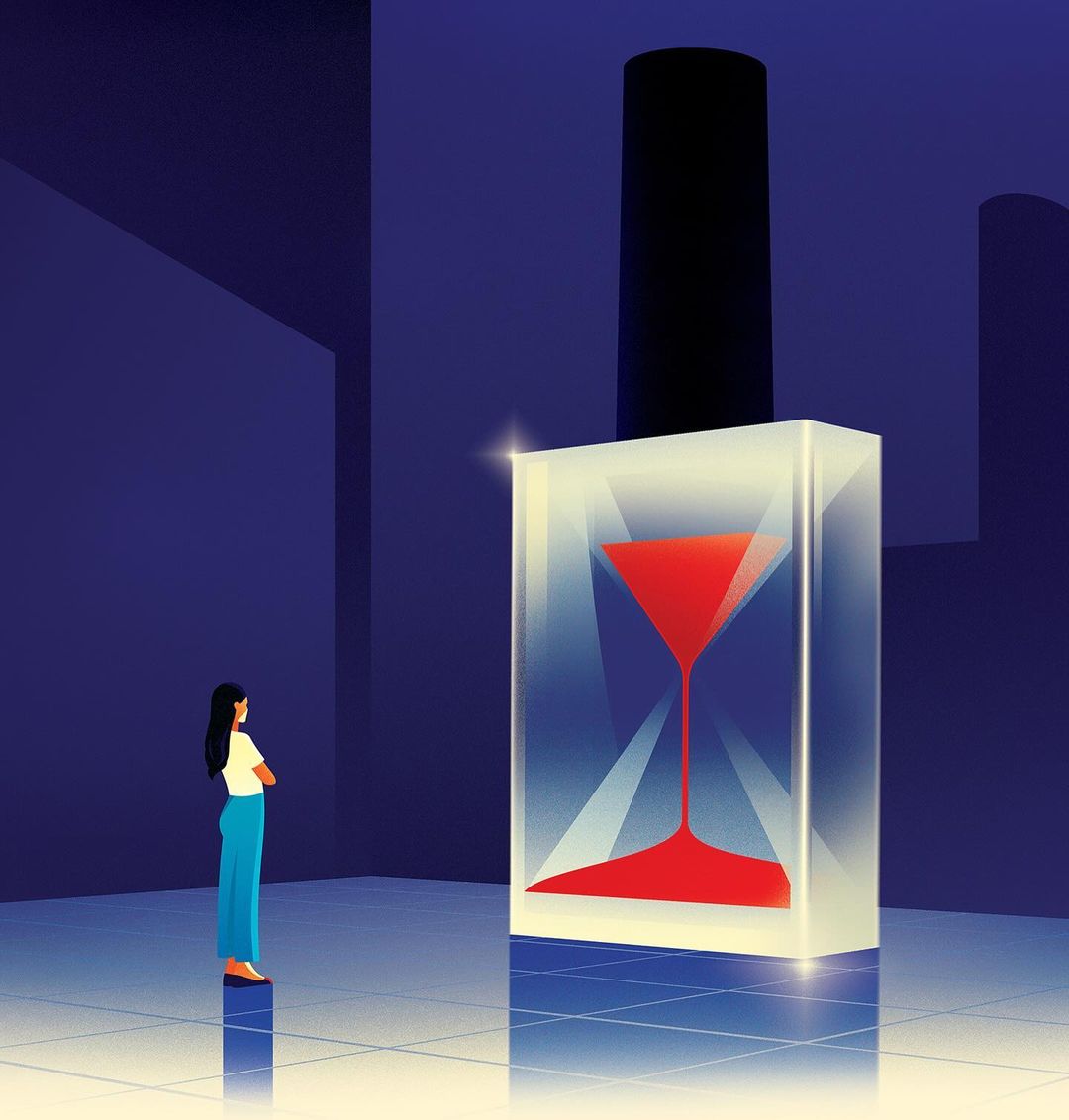 Abstract illustration of a woman viewing a large hourglass encased in glass, resembling a perfume bottle, in an urban setting with blue tones.