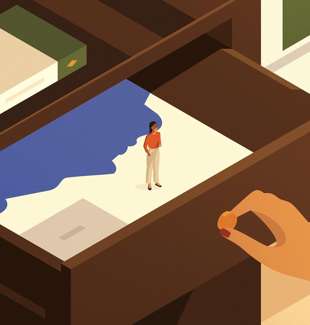 Illustration of an adult female standing on a map inside a drawer while a hand places a coin nearby, in a flat vector art style.