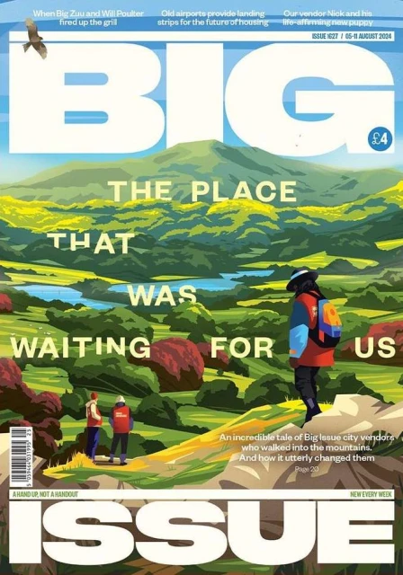 Magazine cover art featuring hikers in a stylized mountain landscape, promoting travel and outdoor exploration with an adventurous theme.