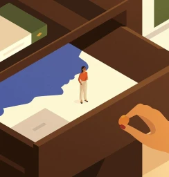 Illustration of a miniature woman standing inside an open wooden desk drawer beside a hand holding a small coin.