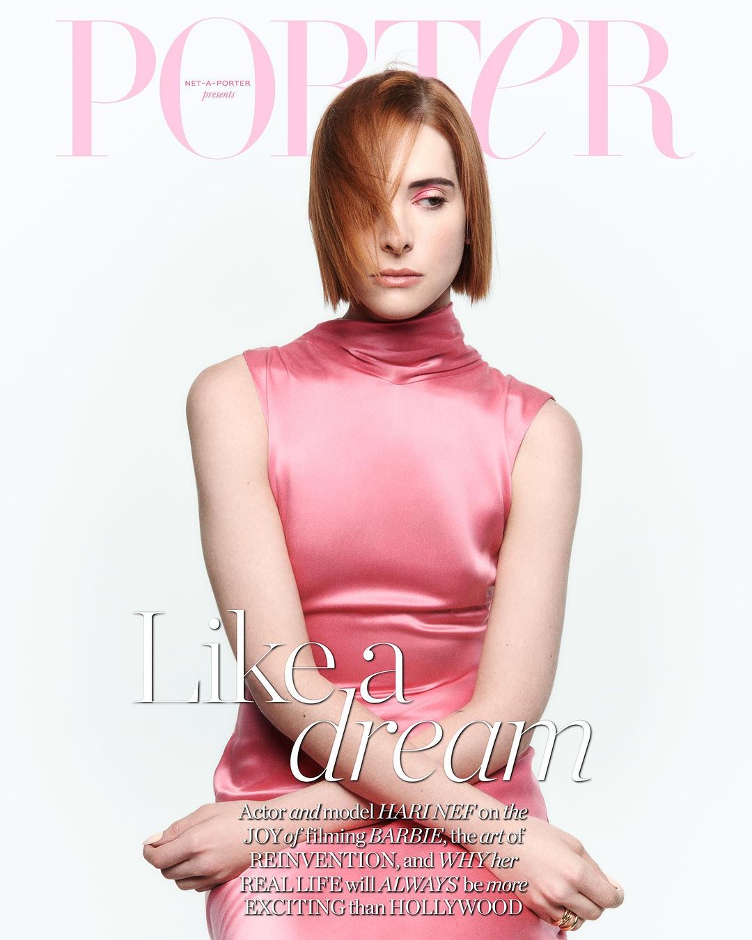 Magazine cover featuring Hari Nef in a pink dress, with the masthead 'Porter' in pink above her. The cover also includes the text 'Like a dream'.