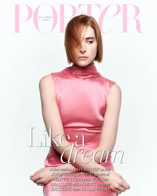 Magazine cover featuring Hari Nef in a pink dress, with the masthead 'Porter' in pink above her. The cover also includes the text 'Like a dream'.
