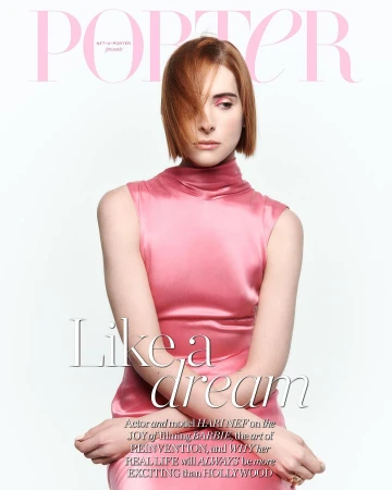 Magazine cover featuring Hari Nef in a pink dress, with the masthead 'Porter' in pink above her. The cover also includes the text 'Like a dream'.