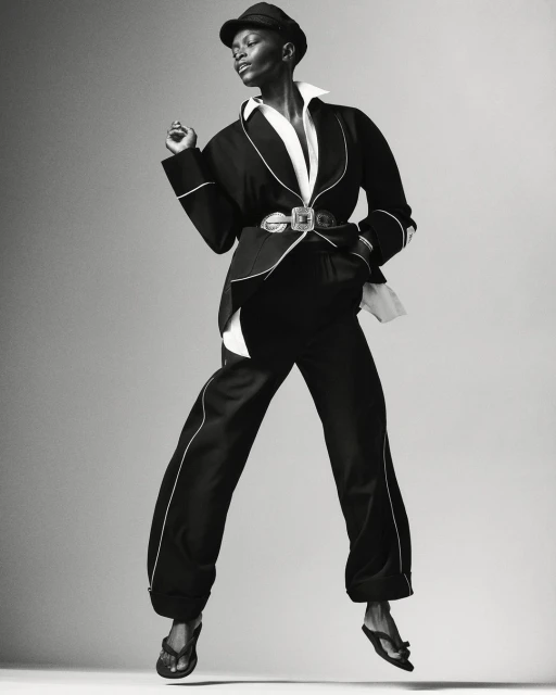 Elegant Black woman in chic black pantsuit, white shirt, and cap, is striking a pose in mid-air in a fashion photography studio.