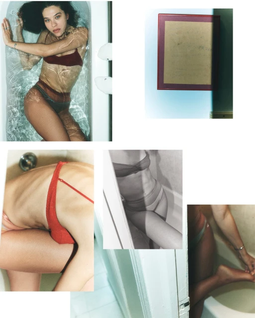 Brunette woman poses in a bathtub with water, wearing a bra and bikini bottoms, in a collage composition with a framed print.
