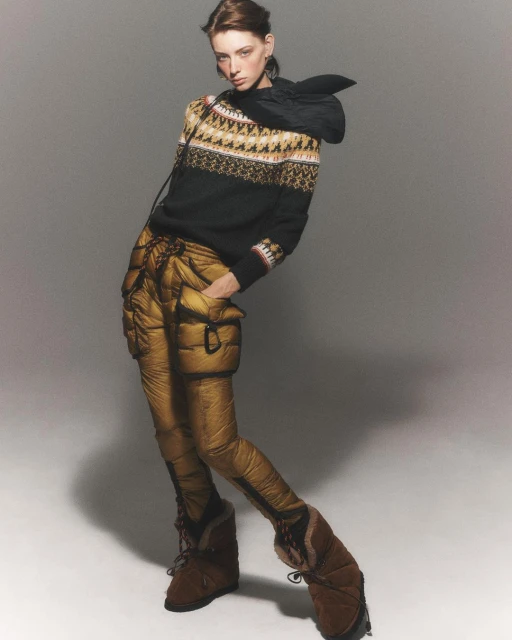Full-length shot of a woman in gold puffer pants, a patterned sweater, and brown boots against a neutral studio backdrop.