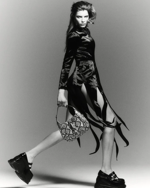 A confident woman strides forward in a striking black dress with cutouts, chunky platform shoes, and a textured bag against a grey backdrop.