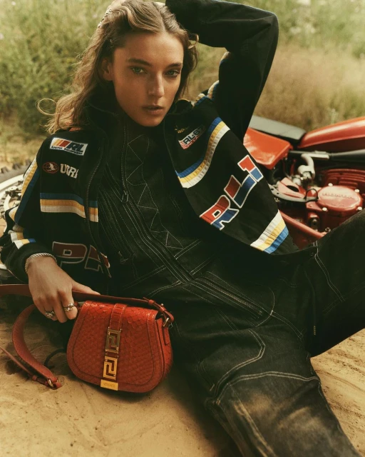 Fashion shot of a brunette female model reclining outdoors in a racing-style jacket, dark denim jumpsuit, and a red snakeskin purse.