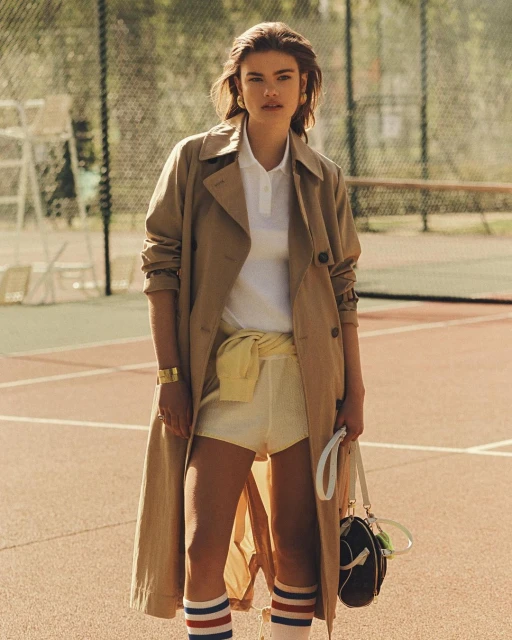 Woman in trench coat poses on tennis court. She wears a white polo, shorts, and tube socks with a sports bag and a tennis net behind.