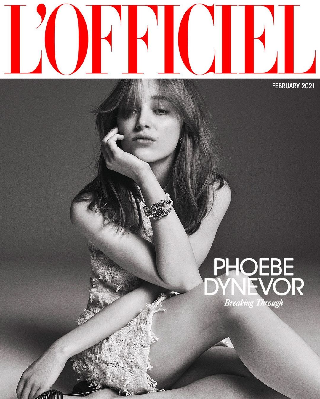 Magazine cover featuring Phoebe Dynevor in a black and white portrait with red masthead, showcasing fashion and celebrity culture.