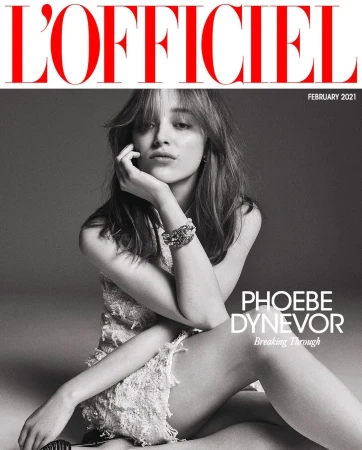 Magazine cover featuring Phoebe Dynevor in a black and white portrait with red masthead, showcasing fashion and celebrity culture.