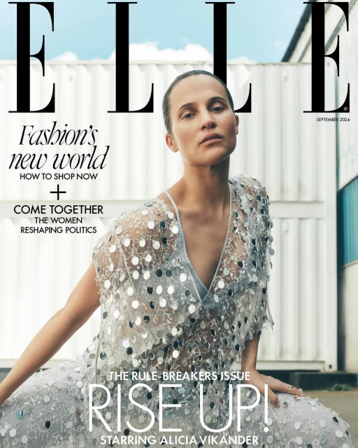 Elle magazine cover featuring Alicia Vikander in a light sequined dress against a neutral outdoor backdrop, September 2024 issue.