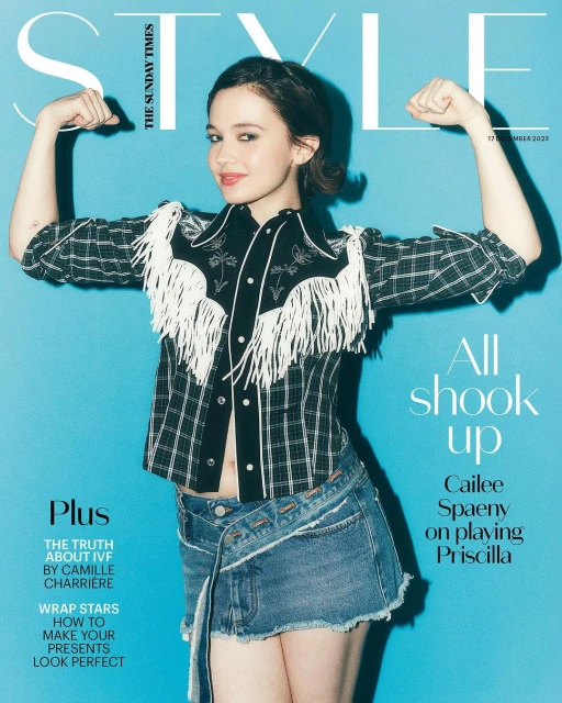 Cailee Spaeny, actress, poses on the cover of The Sunday Times STYLE magazine, wearing a western-style outfit against a light blue background.