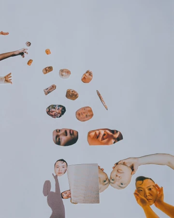 Collage featuring floating and layered human faces, heads, and arms against a bright white background in a conceptual composition.