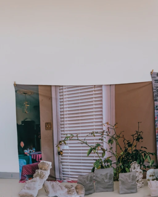 Abstract art installation featuring a tapestry with window and figure, potted plants, and white textured objects against a plain wall.