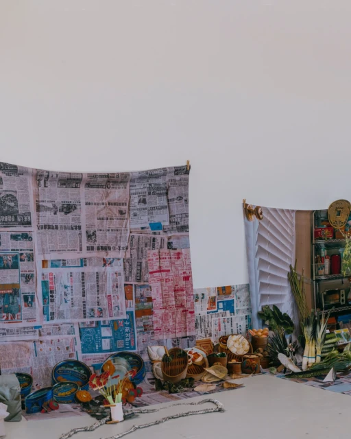 Still life setup with newspaper backdrop, baskets, flowers, and leeks arranged on a light grey surface in an indoor setting.